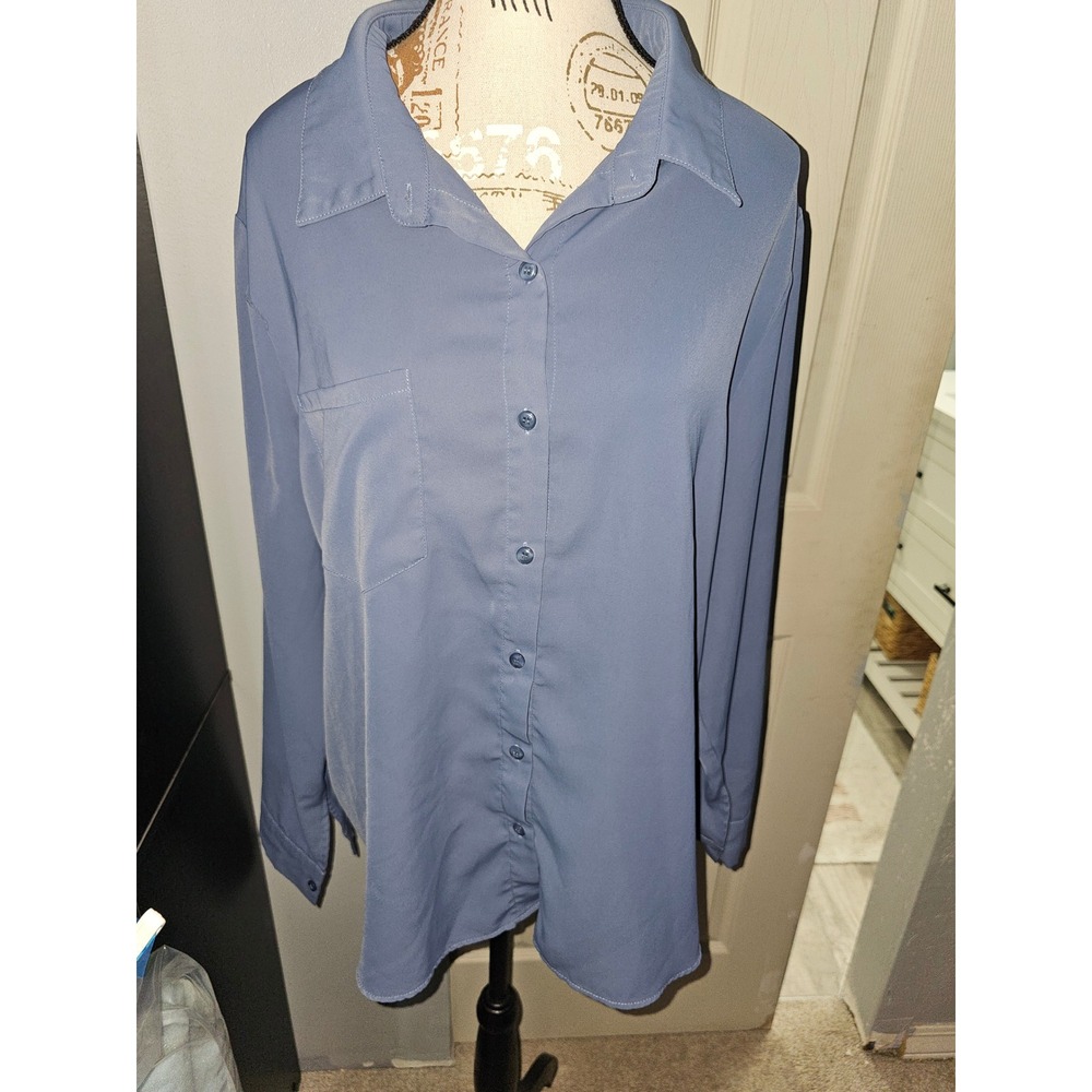 Womens Slate Blue Long Sleeve Button Down Blouse Chest Pocket Office Top